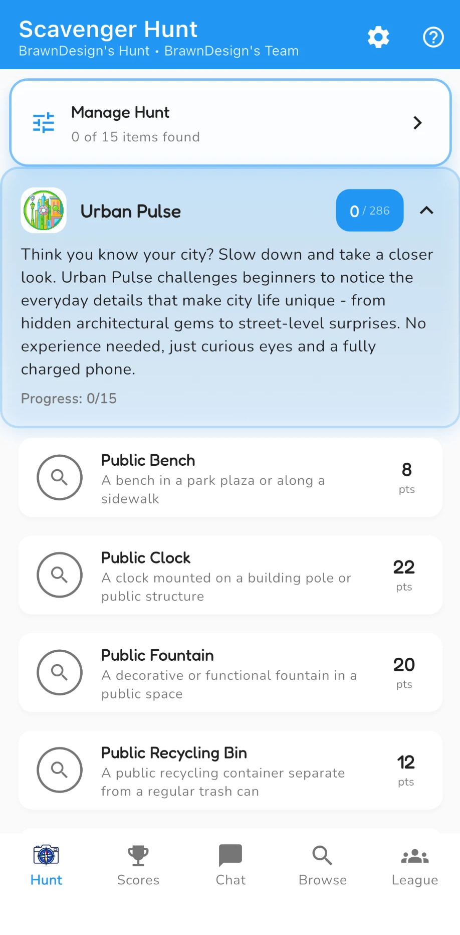 Scavenger Hunt Club app showing the Urban Pulse hunt item list with point values