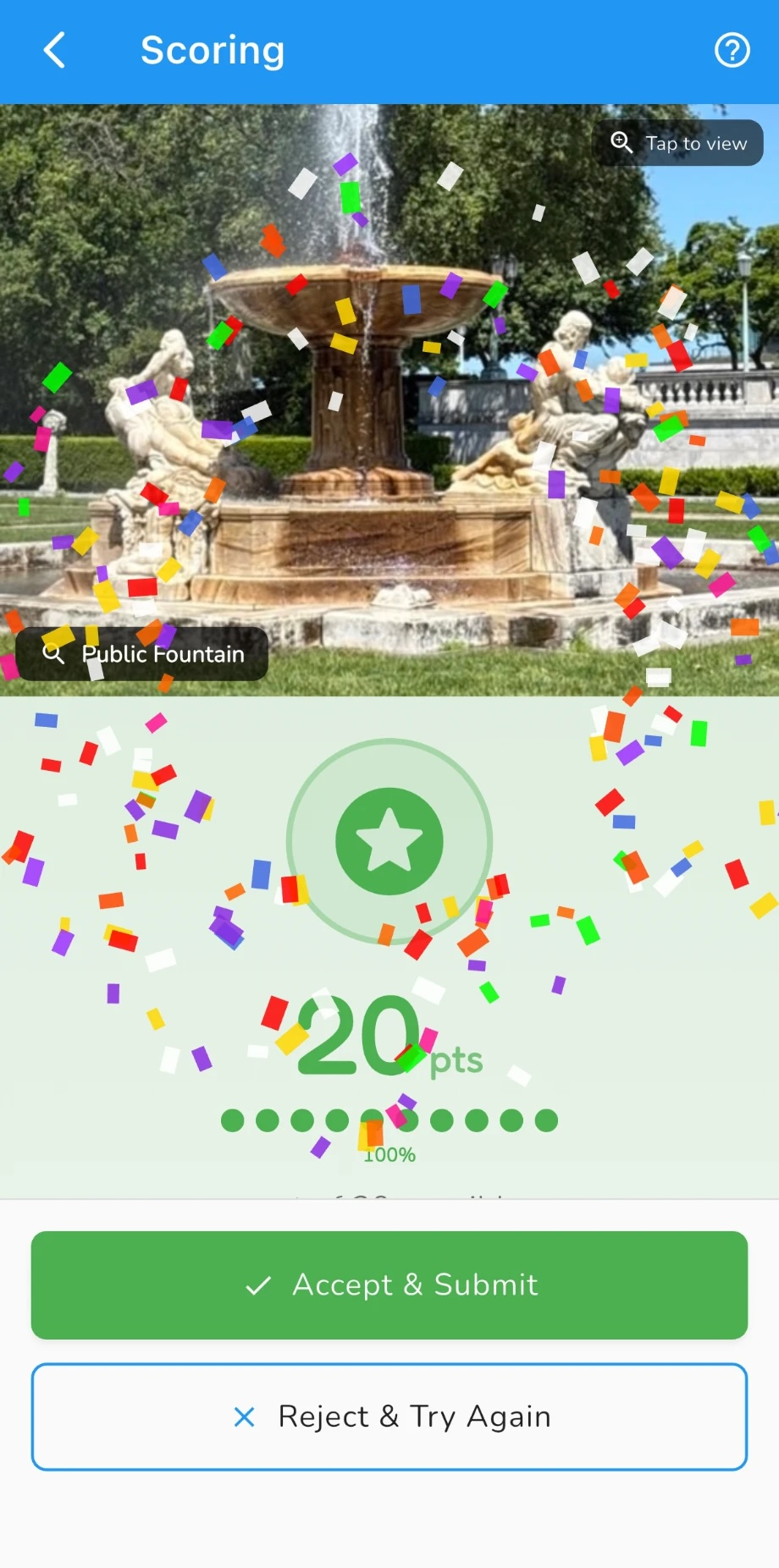 Scavenger Hunt Club app instantly AI-scoring a fountain photo and awarding 20 points